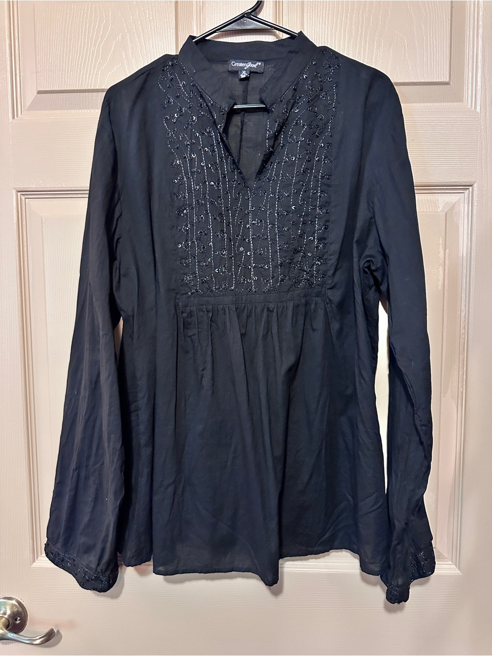 Greater Good Black Embroidered Beaded Boho Tunic Blouse Women’s Size XL